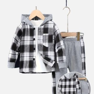 2pcs Plaid Series Suit with Hooded Coat and Patchwork Pants Casual Suit Spring and Autumn Style