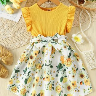 Girls' Patchwork Yellow Romantic Floral Print Dress with Belt, Elegant Princess Skirt for Party and Evening Wear, Soft Fabric, Suitable for Summer