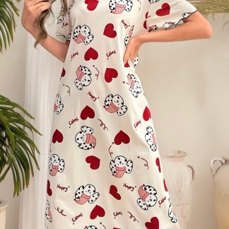 Women's Casual Short Sleeve T-Shirt Nightgown - Dalmatian Puppy & Heart Print Sleep Dress, Machine Washable Round Neck Lounge Dress for All Seasons, Non-Transparent Comfy Sleepwear for Women, Ladies Sleepwear, Allseason Pajamas, Playful Nightgown, Comfortable Nightgown