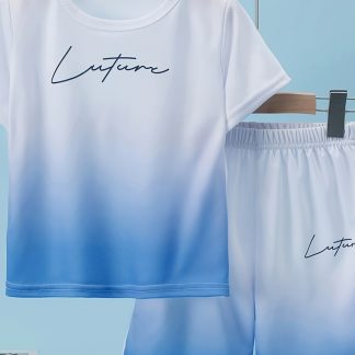 A Two-Piece Gradient Outfit for Boys, Featuring a White And Blue Gradient Short-Sleeve Top And Matching Shorts, Suitable for Outdoor Training. This Breathable And Loose-Fitting Sports Set Is Designed for Everyday Wear And Is Appropriate for Children