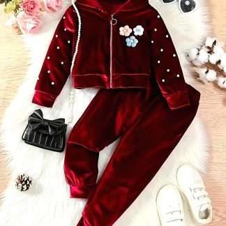 2pcs Velvet Girls' Luxurious Long-sleeve Floral Print Hoodie and Jogger Set - Soft, Warm, and Stylish, Perfect for Winter and Autumn Parties, Perfect for Outdoor