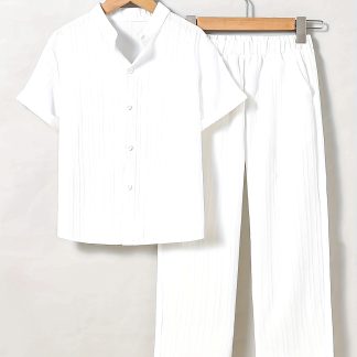 2pcs Set for Big Boys: All-Season Wear for Back-to-School and Graduation Seasons. Features a Solid Color Woven Fashion Casual Stand Collar Short-Sleeve Shirt and Elastic Waistband Pants with Slant Pockets. Suitable for Outdoor Activities, Back-to