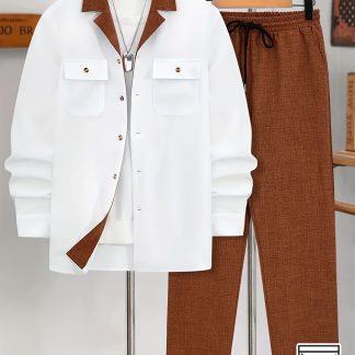 Men's Autumn Two-Tone Suit Collar Long Sleeve Open-Cuff Pocket Shirt and Solid Color Pants Loungewear Set
