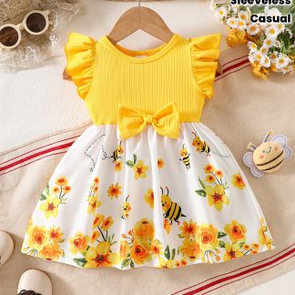 Bow and Ruffle-trimmed Sleeveless Dress with Small Bee and Floral Print, Suitable for Outdoor Casual Activities, a Perfect Gift for Girls Aged 6 Months to 3 Years