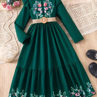 Girls' Vintage Floral Print Elegant Dress with Ruffle Trim, Long Sleeves, Small Stand-Up Collar, and Belt for Spring/Autumn