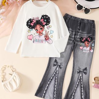 A Set of Two Pieces for Girls Featuring a Cartoon Print Long-Sleeve Top And Faux Denim-Style Flared Leggings - Cute Doll Print, Perfect for Casual Outdoor Activities, Suitable for Spring And Autumn Wear, Ideal As a Gift, for Outdoor