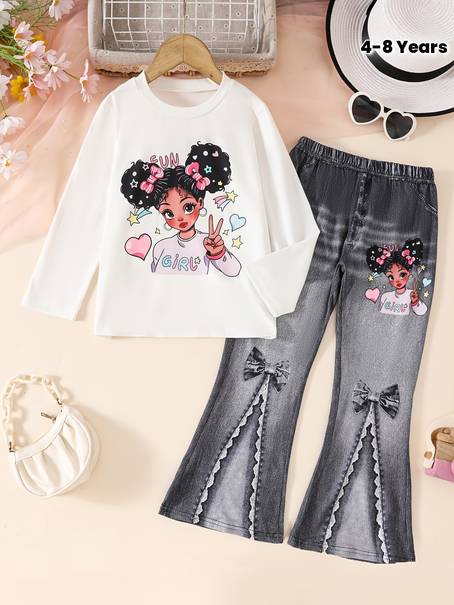 A Set of Two Pieces for Girls Featuring a Cartoon Print Long-Sleeve Top And Faux Denim-Style Flared Leggings - Cute Doll Print, Perfect for Casual Outdoor Activities, Suitable for Spring And Autumn Wear, Ideal As a Gift, for Outdoor