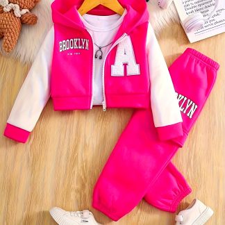 Girls' Athletic Casual Zipper Open-Front Patchwork Hooded Set 2pcs, Fashion Casual Athletic Outdoor, for Outdoor
