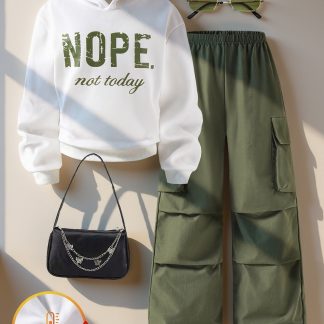 Spring/Autumn Girls' Fashion 2pcs Set: Letter Print Hooded Sweatshirt + Army Green Cargo Pants, for Outdoor Casual Wear in Spring and Autumn, Perfect for Outdoor