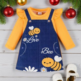 Imitation Denim Single Piece" Girls' Spring/Autumn Thin Children's Dress, Newborn Dress, Round Neck Comfortable Fashion Ruffle Long Sleeve Cute Pattern Comfortable Children's Dress with Flower Bee Pattern Fashion Sweet Elegant Girls' Dress