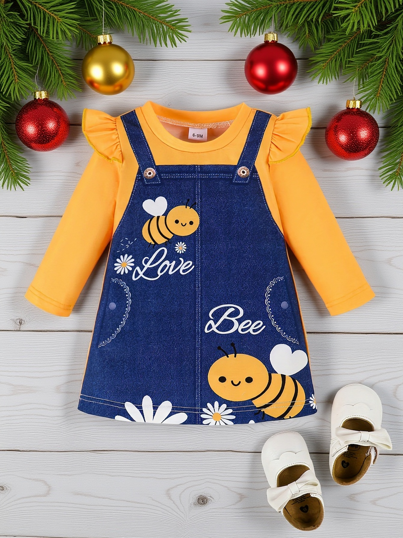 Imitation Denim Single Piece" Girls' Spring/Autumn Thin Children's Dress, Newborn Dress, Round Neck Comfortable Fashion Ruffle Long Sleeve Cute Pattern Comfortable Children's Dress with Flower Bee Pattern Fashion Sweet Elegant Girls' Dress