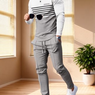 Men'S Spring And Autumn Sports And Leisure Two-Piece Set, Easy Striped Contrast Polo Set, Men'S Leisure Sports Long Sleeve Top And Sports Leisure Pants Two-Piece Set