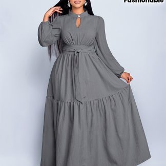 Plus Size, Fashion Stand-up Collar Casual Tie-up Long Shirt Dress