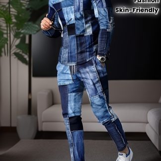 2 Pcs Men's Trendy 3D Stitching Print Round Neck Long Sleeve & Trousers Pajama Set, Comfortable & Skin-friendly Style Pajamas for Men's Cozy Loungewear
