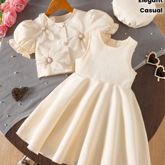 3pcs Girls' Elegant Dress Set, 3D Floral Embellished Puff Short Sleeve Short Top And Round Neck Sleeveless Dress with Matching Hat, Elegant Temperament Style, Suitable for Daily Casual Outing And Parties, Gift Option, for Outdoor