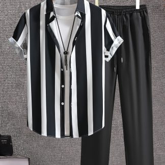 Men'S Casual Fashion Striped Shirt And Black Trousers 2pcs Set, Summer Essential