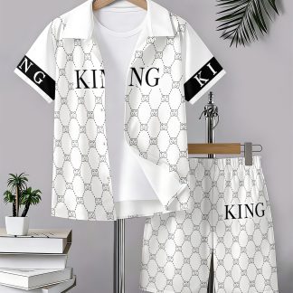 Boys' Beach Vacation Outfit Set- Casual Short Sleeve Button Shirt& Shorts Set, Trendy Summer Resort Wear for School& Daily Wear, Perfect for Outdoor, for Teenager