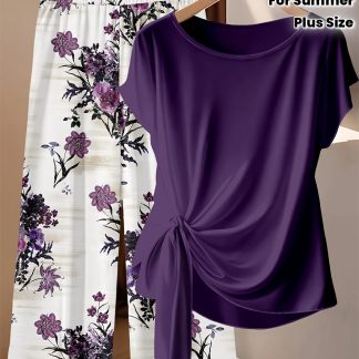 Plus Size, Plus Size Women's 2pcs Set: Floral Print Top and Casual Pants, Elegant Plus Size Outfit for Summer Outerwear