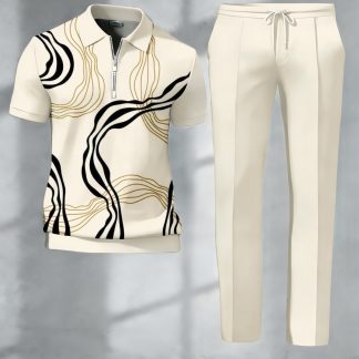Men'S 2D Casual Suit Featuring an Abstract Wave And Golden Line Design, Perfect for Casual Outings, Parties, Or Travel. an Excellent Gift Choice for Friends, Family, And Colleagues