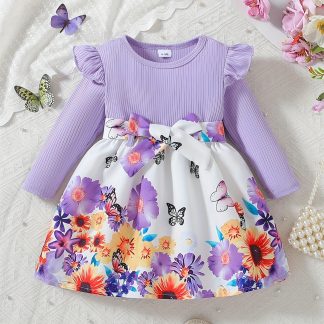 Baby autumn printed round neck cute flower print knee length fashionable and comfortable dress+belt two-piece set