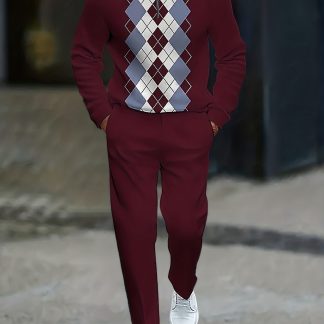 A Men'S Vintage Diamond-Patterned Suit Featuring a Burgundy Half-Zip Sweater And Matching Burgundy Trousers, Designed with a Retro Feel And Rich Texture, Perfect for Everyday Work And Casual Outings
