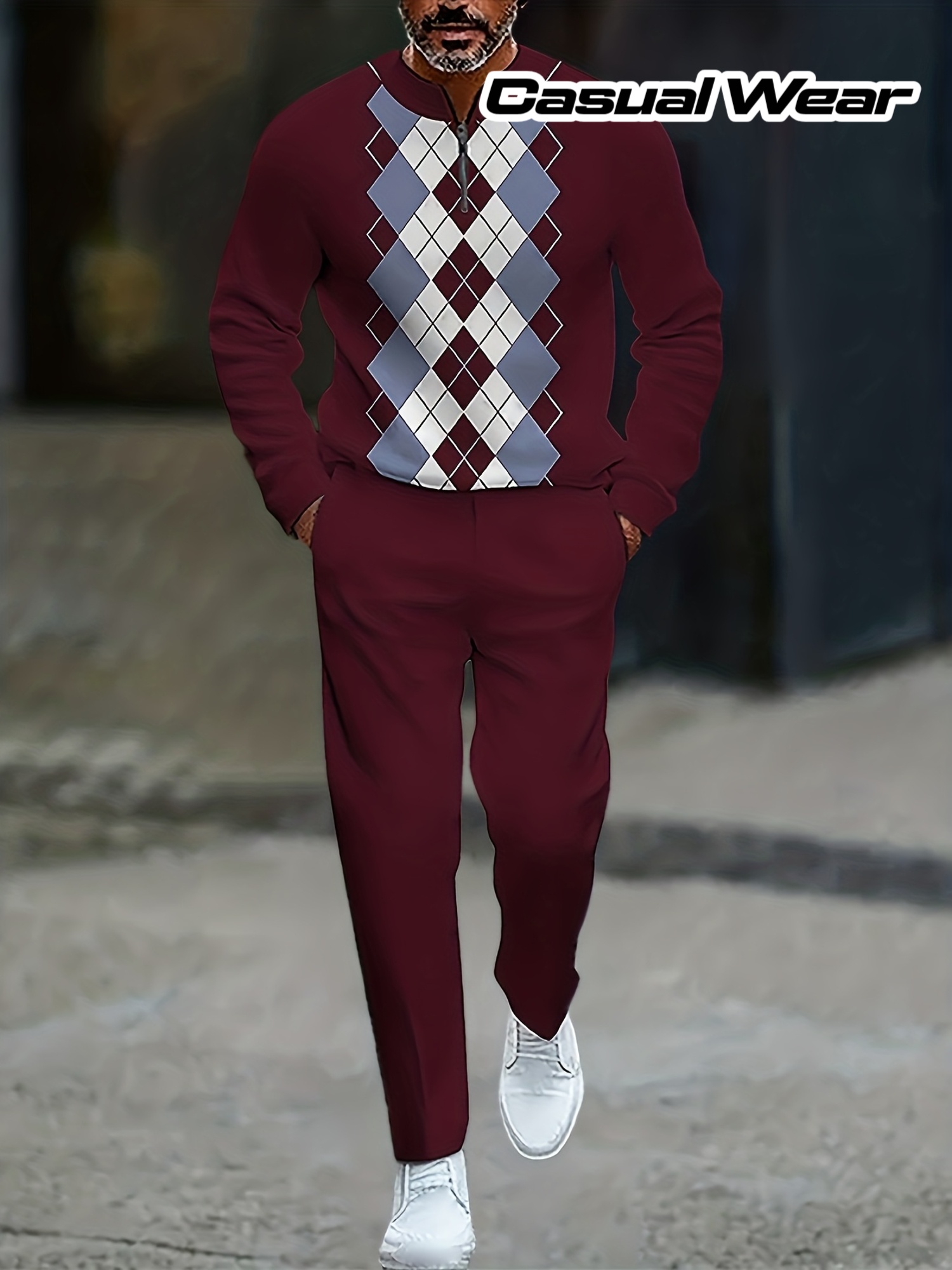 A Men'S Vintage Diamond-Patterned Suit Featuring a Burgundy Half-Zip Sweater And Matching Burgundy Trousers, Designed with a Retro Feel And Rich Texture, Perfect for Everyday Work And Casual Outings