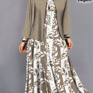 Plus Size, Autumn/Winter Fashion Women's 2pcs Set: Khaki Leaf Print Tie-Neck Long Sleeve Cardigan Overcoat with Dress, Elegant Daily Outfit