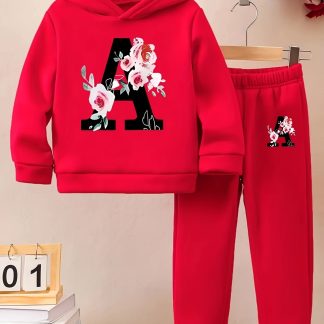 Red Two-Piece Set for Young Girls, New Popular Fashion Trend, Flower Letter Big A Print, Classic Versatile Hooded Long-Sleeved Fleece Warm And Cold-Proof David Sweater And Casual Sports Long Pants Autumn And Winter Set, for Outdoor