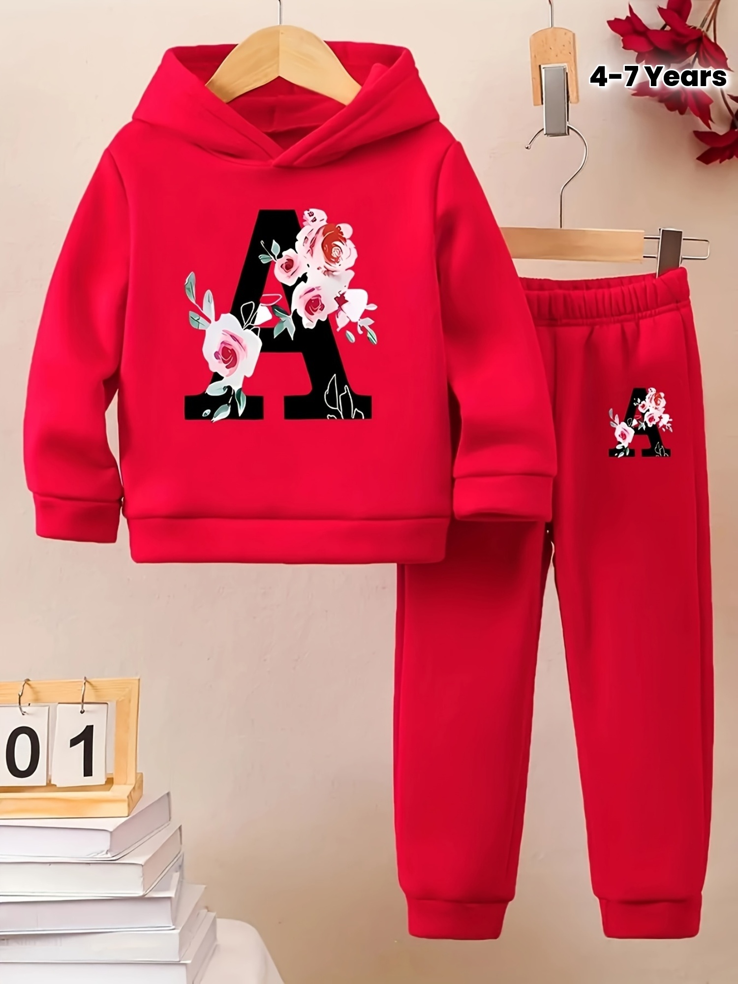 Red Two-Piece Set for Young Girls, New Popular Fashion Trend, Flower Letter Big A Print, Classic Versatile Hooded Long-Sleeved Fleece Warm And Cold-Proof David Sweater And Casual Sports Long Pants Autumn And Winter Set, for Outdoor