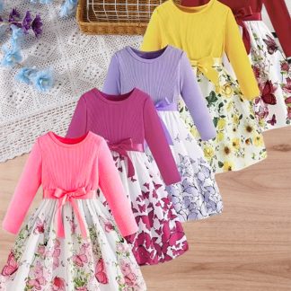 There Are 5 Styles in Total. One Is Randomly Issued. Girls' Cute Princess Dress with Small Flutter Sleeves, Patchwork, Bow, Butterfly, and Floral Print, for Toddlers and Young Girls, Summer Dress
