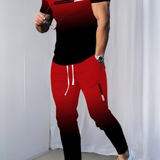 Men'S Athletic Suit | Elegant Casual Round Neck | Slightly Stretchy Knit with 3D Print | Regular Fit 2pcs Set | Patterned Short Sleeve T-Shirt And Long Pants