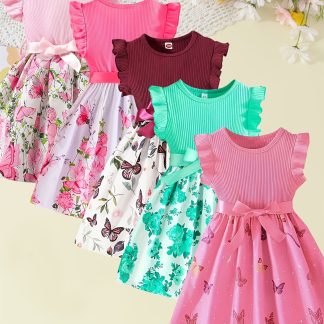 There Are 5 Styles in Total. 1pc Will Be Randomly Selected. Girls' Cute Princess Dress with Flutter Sleeves, Patchwork, Bow, Butterfly, and Floral Prints. Summer Dress for Girls