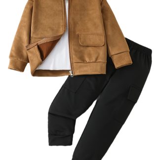 Boys' Spring/Autumn New Jacket Set, Cool Zipper Jacket Top And Casual Easy Versatile Athletic Cargo Pants 2pcs Outfit, for Outdoor