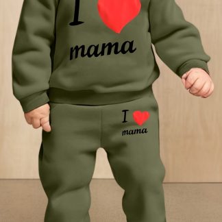 Newborn Girls' Fashion "I Love Mama" Letter Print Long-Sleeve Hooded Sweatshirt + Casual Long Pants Comfortable Set, Autumn/Winter Valentine's Day Gift, Perfect for Outdoor