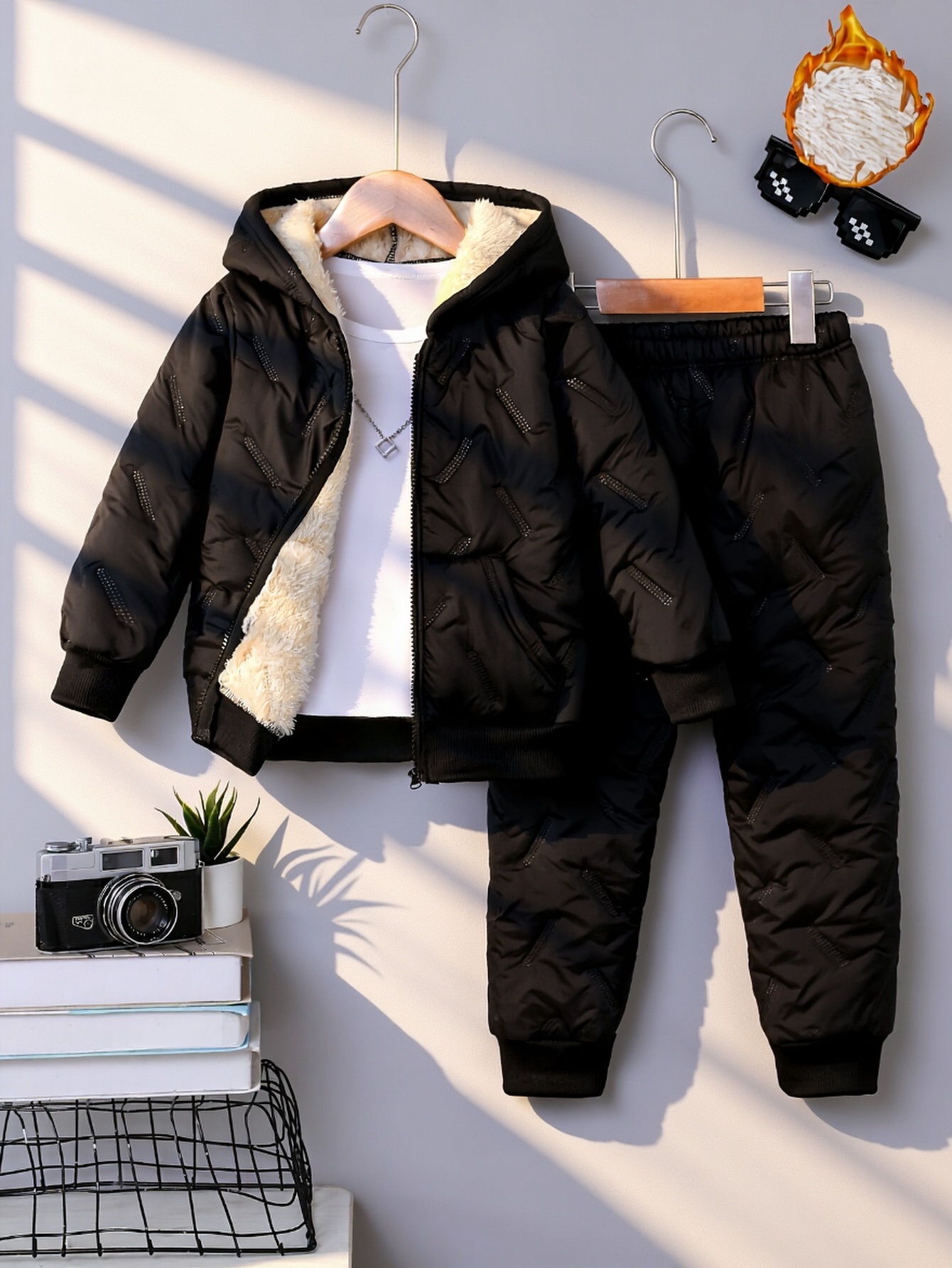 2pcs Boys' Autumn/winter Set Featuring a Fashionable Solid-color Design with Plush Lining and Thickened Construction. The Set Includes a Zip-up Hoodie and Long Pants, Offering a Comfortable, Trendy, and Versatile Sporty Style for Children