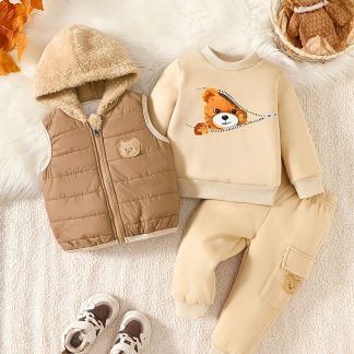 3pcs Toddler Boy Bear Embroidery Plush Hooded Quilted Zip-Up Vest, Bear Print Sweatshirt, And Bear Embroidered Utility Pocket Long Pants, Windproof And Warm, Fleece-Lined, Perfect for Fall Outfits, Outdoor Essential, for Outdoor