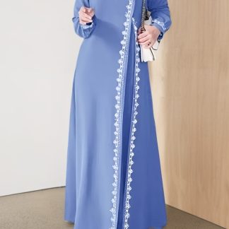 Fashionable Solid Color Lace Trim Round Neck Pullover Long Robe Dress