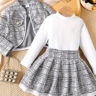 3pcs Girls' Autumn Little Girly Houndstooth Check Lace Jacket Solid Color Inner Layer Pleated Lace Half Skirt Set