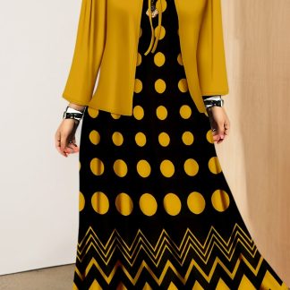 Elegant Dress Set, Geometric Pattern Print Fashionable Vacation Outer Jacket Vest Maxi Dress Set, Spring and Autumn Comfortable Regular Fit Casual Set