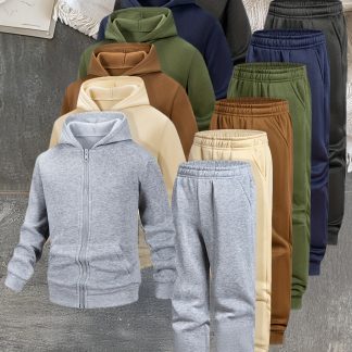 Random 4pcs Set, Autumn/Winter Boys' Set, Long-Sleeved Zipper Hooded Sweatshirt + Long Pants, Solid Color Hoodie Zipper Design And Pocket Boys' Casual Sportswear Set, for Outdoor