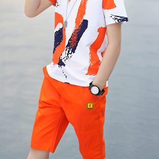 Boys' Summer Casual Sporty Fashionable Comfortable Breathable Short-Sleeve Shorts 2pcs Set, Perfect for Outdoor
