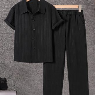 2pcs Set of Boys' All-Season Short Sleeve Shirts And Elastic Waist Trousers with Slant Pockets, Suitable for Outdoor, Back-To-School Season, Graduation Season, Weddings, Parties, Gatherings, Birthday Parties, And Any Occasion