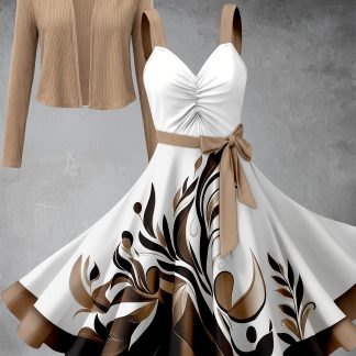 A 2pcs Set of Women's Fashion Solid-color Brushed Cardigan and Printed Dress, Retro and Elegant