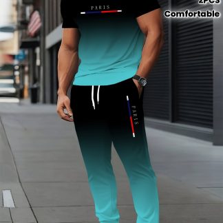 Men's fashion Parisian simple 2pcs sportswear set, short-sleeved T-shirt and long pants, comfortable fit sportswear