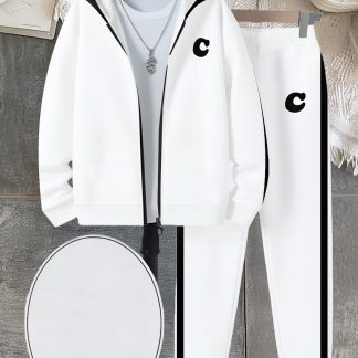Girls Zipper Hooded Cardigan Sweatpants 2pcs Trendy Printed Casual Sports Kids Outfit, Perfect for Outdoor