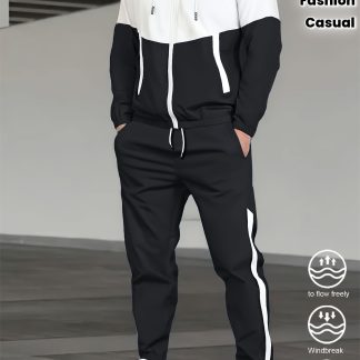 2pcs Men's Spring And Autumn Hooded Color-Block Casual Sports Suit, Versatile Trendy Stylish Jacket And Pants.