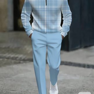 Stand Collar Men'S Fashion Casual Trendy Plaid Pattern Long Sleeve Top Straight Leg Pants Set | Casual Street Style Daily Wear, Perfect For Spring/Fall, Slight Stretch Fabric Details