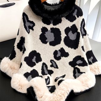 Plus Size - Plus Size - "Clean Body Bust" A Thickened Plus-Size Winter Garment, a Stylish Women'S Pullover Shawl for Autumn And Winter, Featuring a Black And White Leopard Print Design in an Elegant European And American Style with Fringed Edges