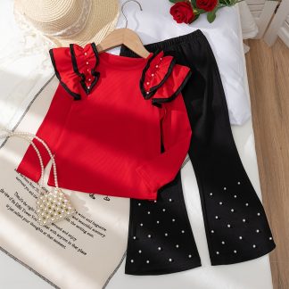 Young Girl's Fashionable Casual Striped Long-Sleeve Round-Neck Top with Studded Beads and Lace, Paired with Studded Beaded Flared Pants for Daily Wear, Home, Outdoor, and Spring Sports, Perfect for Outdoor