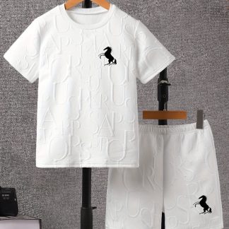 2pcs Boys Casual Letter Embossed Comfortable Versatile Short Sleeve T-Shirt And Shorts Set, Cool, Lightweight, Comfortable Summer Outfit, Suitable for Daily And Outdoor Wear, for Outdoor